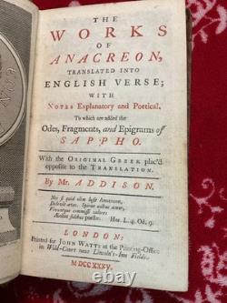 The Works Of Anacreon, VERY RARE 1735 EDITION, ANTIQUE, Sappho, Addison