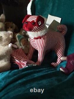 Very RARE Steiff Limited Edition Red/White Stripped Pug Dog With Matching Bag