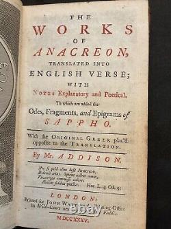 Les œuvres d'Anacréon, ÉDITION TRÈS RARE DE 1735, ANTIQUE, Sappho, Addison