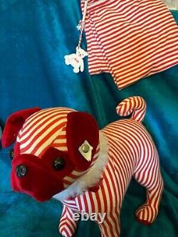 Très rare édition limitée Steiff Pug Dog rouge/blanc à rayures avec sac assorti